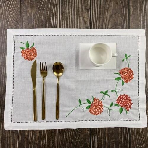 12 PCS Table Cloth White Hemstitched Linen Placemats with embroidered Floral for elegant lunch or dinner