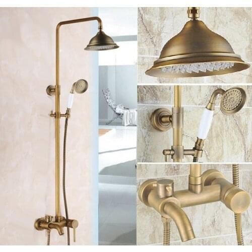 Vintage Retro Antique Brass Single Handle Bathroom 8.2 Inch Round Rain Shower Faucet Set Bath Tub Mixer Tap Hand Shower mrs182