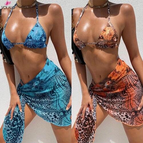 Sexy Leopard Bikini With Skirt Halter Swimwear 3 Piece Sets Womens Swimsuit 2021 Mesh Bathing Suit Halter Bikinis Beachwear