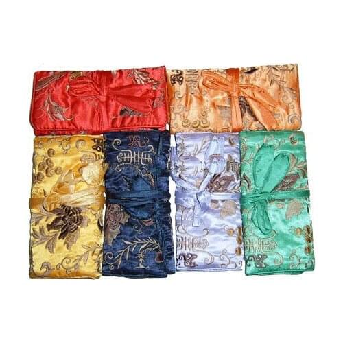 Fine Embroidery Silk Jewelry Travel Roll Up Bag Portable Large Cosmetic Bag 3 Zipper Folding Women Drawstring Makeup Bag 10pcs