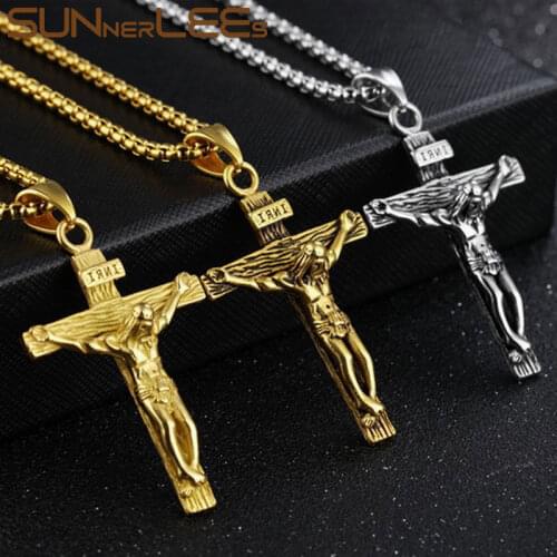 SUNNERLEES Jewelry Stainless Steel Jesus Christ Cross Pendant Necklace Silver Color Gold Plated Link Chain Men Women Gift SP43