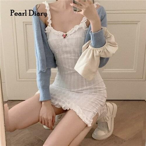 Pearl Diary Women White Strappy Dress Swiss Dot Cotton Floral Embroidery Sexy Dress Bodycon Sweet Princess Ruffle Cotton Dress