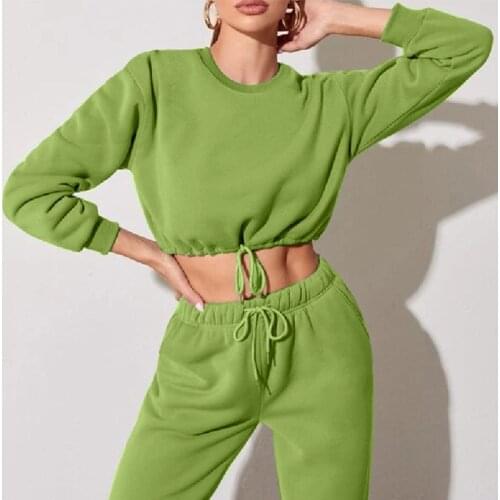 Womens Tracksuits Fleece Cropped Two Piece Set O-Neck Pullover Drawstring Jogger Suit Female 2021 Autumn Ladies Sportswear Sets
