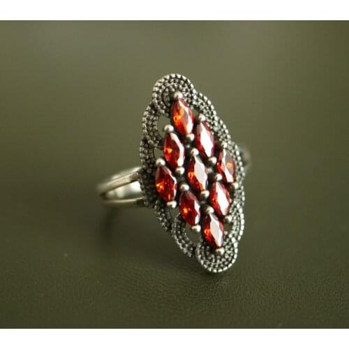 Vintage Red Cubic Zirconia 100% real S925 Sterling Silver Rings For Women Geometric Red cz silver open ring bague femme retro