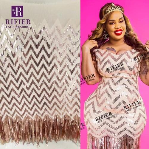 Gold Sequins Tassel Mesh Net Lace Fabric Elastic Sequined Embroidered Tulle Lace Wedding Material African Guinea Tassel Material