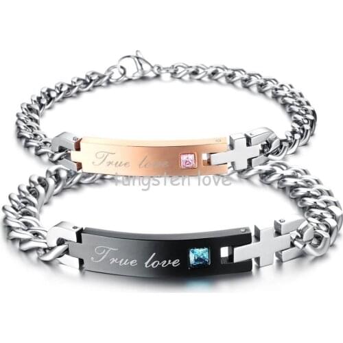 1 piece Fashion Stainless Steel "True Love" Couples Chain Bracelet Bangles with Rhinestone Id bracelets For Women Mens