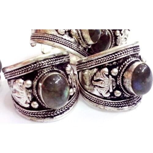 10pcs / lot Excellent Old Tibet Silver wide rings black colors Moonstone Stone Ring Adjustable Gift , 10 rings Labradorite