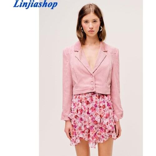 2020 Autumn Sweet Pink Corduroy Cropped Blazer Vintage Women Slim High Waist Long sleeve Cute Coat
