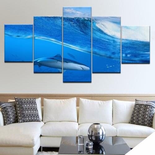 Abstract blue waves and shark 5 Panel/piece HD modern art painting wall posters Canvas For home living room decoratio