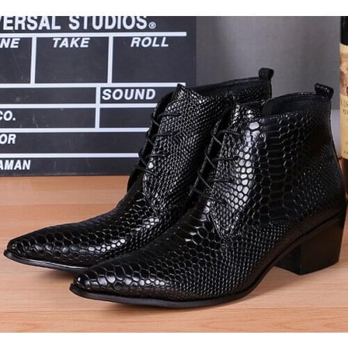Christia Bella Fashion Formal Men Shoes Real Leather Pointed Toe Ankle Boots Mid Heel Lace Up Business Party Dress Boots Botas