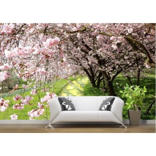 Custom photo wallpaper Cherry blossom stone road wallpapers for living room Home Decoration white wallpaper