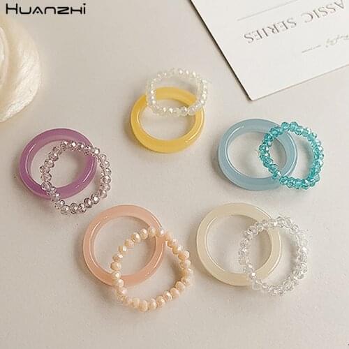 HUANZHI 2020 New 2pcs/set Summer Colorful Crystal Shiny Transparent Resin Acrylic Finger Rings for Women Girls Party Jewelry