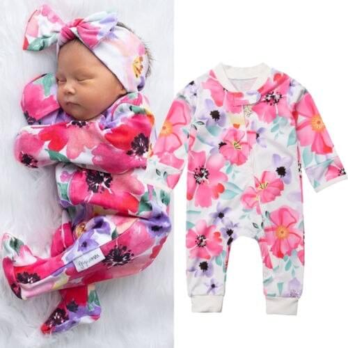 Toddler Newborn Baby Girl Floral Zipper Cotton Romper Long Sleeve Floral Jumpsuit Outfits Clothes 0-24M