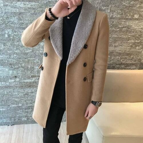 Fashion Slim Warm Woolen Blended Coat Men Winter Windbreaker Fashion Lapel Thick Section Fur Collar Long Double-breasted Simple