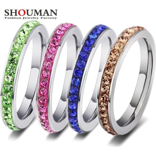 SHOUMAN Pink Blue Green Coffee Engagement Wedding Rings for Women Stainless Steel Crystal Cubic Zirconia Girl Jewelry
