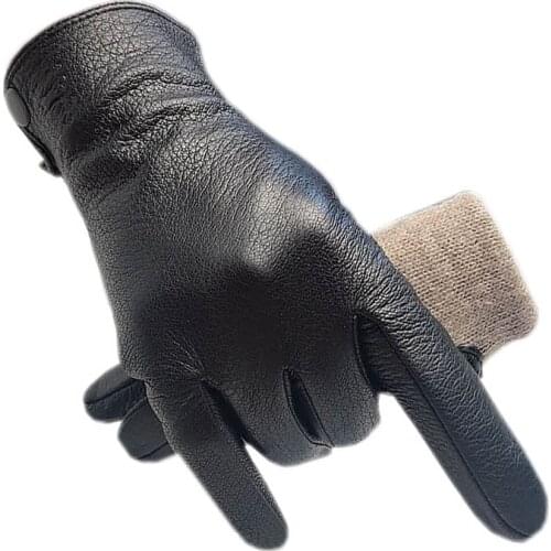 Gloves Winter Mens Wrist Fashion Deerskin Gloves Autumn Black Driving Outdoor Genuine Leather New Warm Deerskin Mens Gloves Wo