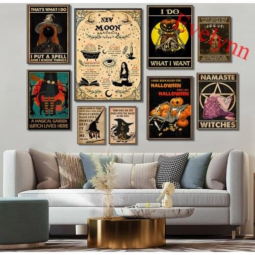 Witches Poster, Witches Magic Knowledge Wall Art Prints,Vintage Halloween Cat Skeleton Pumpkin Moon,Runes,Home Decor Canvas Gift