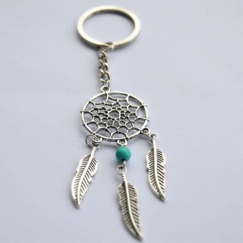 Retro Antique Silver Plated Color Keychain Dreamcatcher & Feather Turqoise Beads Charm Ring Creative Keyring Gifts