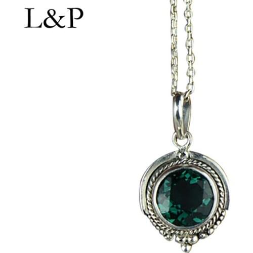 L&P Luxury Vintage Green Crystal Pendant For Lady Authentic 925 Sterling Silver Gemstone Pendant Anniversary Gift Jewelry