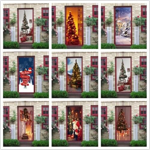 Christmas Stickers on the Doors Santa Claus Adhesive Waterproof Wallpaper Poster Sliding Glass Door Decals Home Decor Kids Room