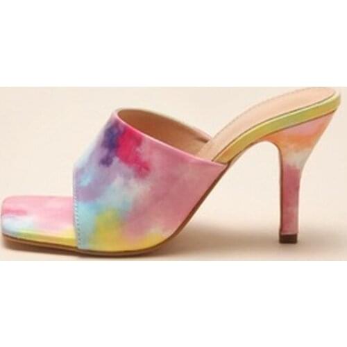 Slippers Women Shoes Open Toe Rainbow Multi Slides One Word Strappy Sandals Street Heels Flip Zapatos De Mujer Tacon Cuadrado