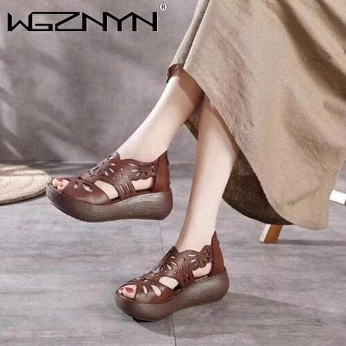 Womens Sandals Genuine PU Leather Handmade Ladies Shoes 2021 Summer Thick Sole Women Retro Sandals Leather Gladiator Sandals