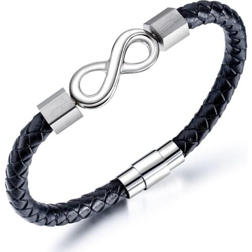 Silver Color Leather Bracelet Stainless Steel 8 Shape Magnetic Clasp Bangles for Men Casual Hip Hop Stylish Jewelry