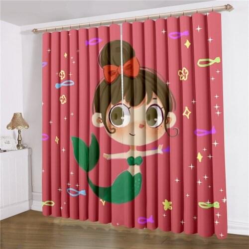 Cartoon Fishs Window Curtains 2 Panels Mermaid Window Treatments 3D Print Home Textile Window Drapes For Living Room Curtain