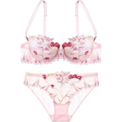 Sexy Underwear Women Gather Lace Bra Transparent Mesh Embroidery Bra Set Lingerie Femme Underwear Set Lingerie Pink Bra Set