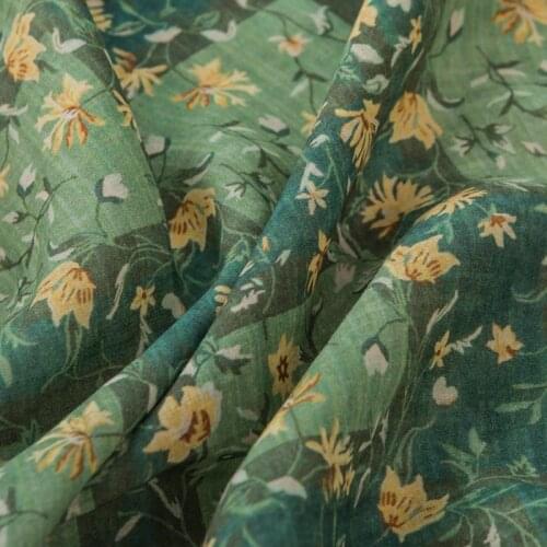 High quality pure ramie fabric New Yellow floral print fabrics Summer thin style dress robe cheongsam tissu