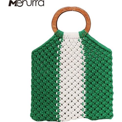 Women Beach Bag Nets Bucket Bags Hollow Summer Totes Bag Wooden Handle Handbag High Quality Drop Shipping