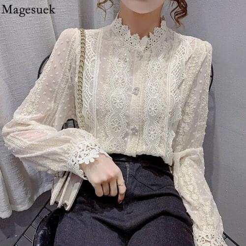 Korean Fashion Flower Crochet Stitching Lace Blouse Women Spring Elegant Long Sleeve Chiffon Shirts Sweet Loose Top Blusas 15996