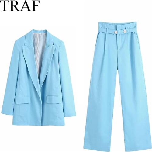 TRAF Womens Clothing 2021 Pant Suits Blue Blazer Trouser Suits Chic Fashion High Waist Pants Solid Color Two Piece Set Outfit