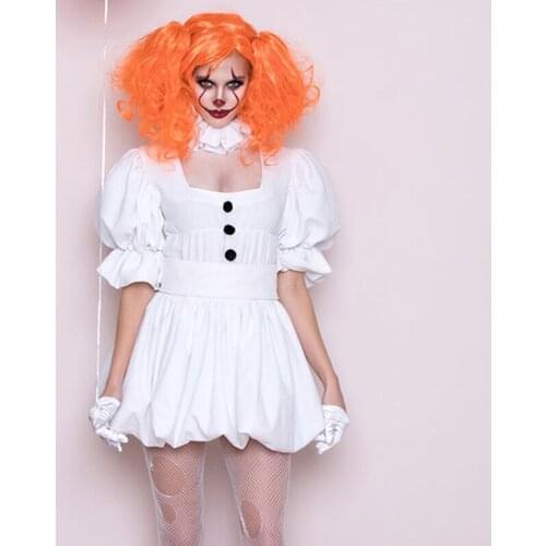 Gothic Ghost Bride Girls Joker Cosplay Costume clown Voodoo Doll Women white dress + wig set Vampire Carnival Halloween Costumes