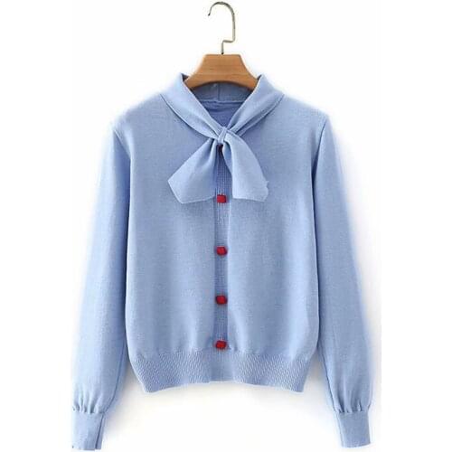 PERHAPS U Women Sweater Bow Collar Pullover Long Sleeve Casual Thin Sweater Button Blue Yellow White Black Pink M0336