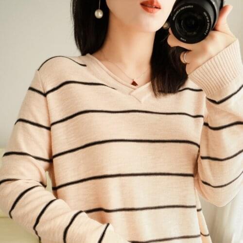 Womens V-neck Pure Cotton Sweater Autumn and Winter New Bottoming Shirt Fashion Striped Knitted Bottoming Pullover