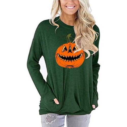 Womens Sweatshirt Halloween Skull Ghost Pumpkin Graphic Tops Ladies O-Neck Long Sleeves Pocket Loose Pullover Sweatshirts G4
