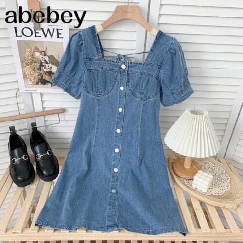 Vintage square collar puff sleeve Dress back lace up single breasted high waist short denim Dress 2021 New Summer Women
