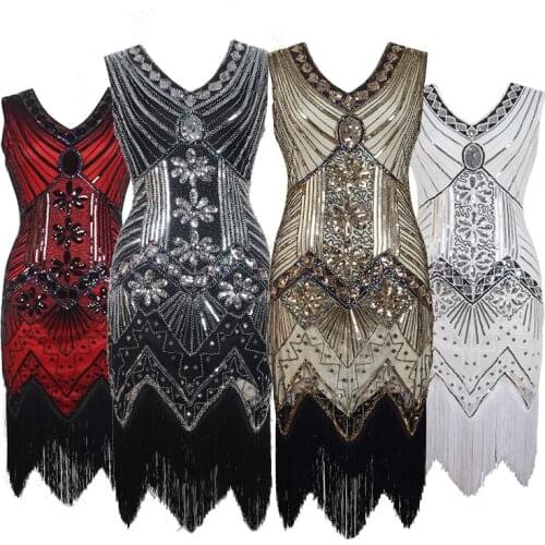 JAEBAEK Great Gatsby Dress Women Sequins Dress V Neck Tassels Beaded Party Dress 1920 S Vintage Ballroom Gold Dresses Sexy Club