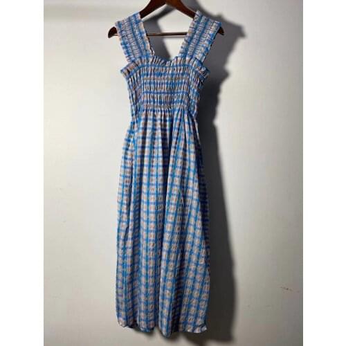 Women Plaid Pleated Midi Dress 2021 New Frill Trim Ladies Sleeveless Sweet Strapless Slim Waist Long Robe For Holiday