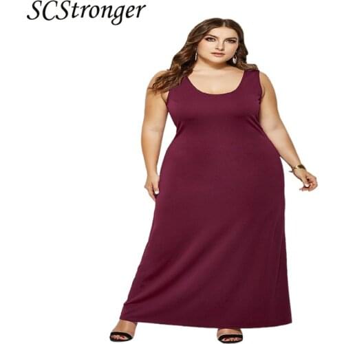 SCSTRONGER Summer Plus Size Womens Dress Knitted Sexy Round Neck Solid Color Sleeveless Long Skirt Vestidos Mujer Verano 2021