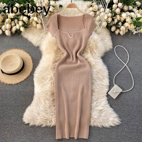 2021 Spring Summer Dress Knitted Solid Sqaure Neck Sexy Bodycon Dresses for Women Stretch Vestidos Short Sleeve 19968