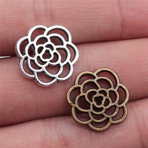 20pcs 16mm Antique Silver Color Antique Bronze Plated Hollow Flower Charm Flower Rose Pendant Hollow Flower Pendants