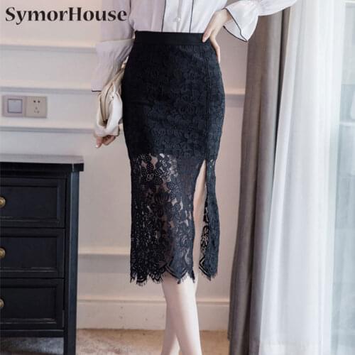 Faldas Mujer Moda 2021 Fashion Sexy Black Skirts Womens Jupe Femme Korean Style Clothes Bodycon Office Lace Skirts Plus Size