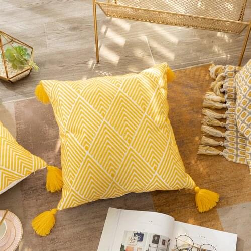 45x45cm Cushion Cover Geometric Canvas Cotton Embroidery Pillow Cover Decorative Pillowcase for Sofa Bed Yellow