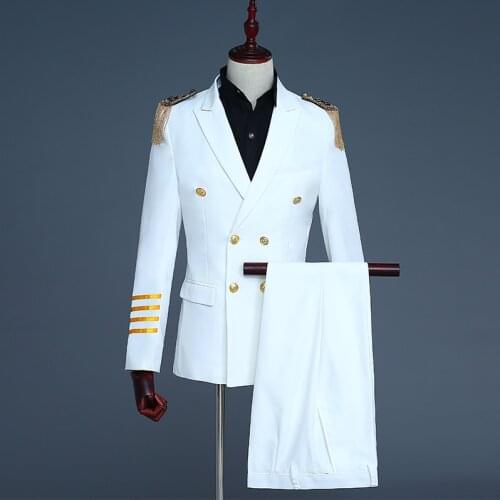 Freeship mens navy/white captain uniform tuxedo jacket with pants/stage performance/studio suit/asia size