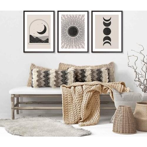 Mid Century Modern Beige Picture Wall Art Abstract Geometric Sun Moon Phase Boho Poster Leaf Print Canvas Painting Home Decor