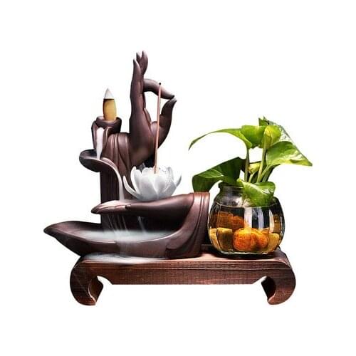 Ceramic Buddha Hand Lotus Smoke Backflow Incense Burner Aromatherapy Smoke Holder Censer Burner Home + 60pcs Incense Corns