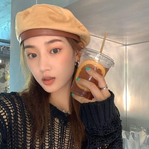 Korean version of suede fashion all-match beret female autumn and winter pu leather hat female British retro painter hat