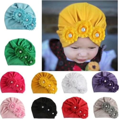 Cute Newborn Toddler Kids Baby Girls Sweet Solid Pearl Three Flower Cotton Beanie Hat Lovely Warm Soft Cap One Piece